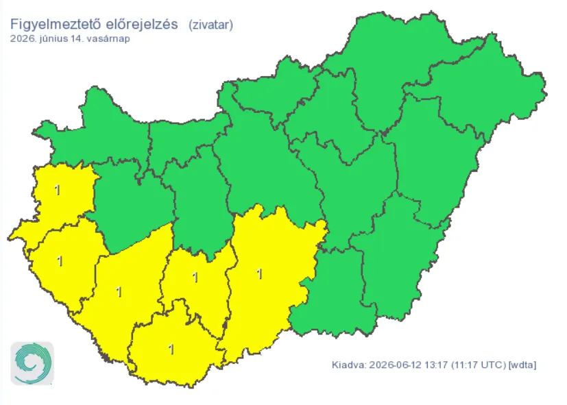 Figyelmeztetést adtak ki a meteorológusok: hat vármegyére érvényes az elsőfokú riasztás a zivatarok miatt