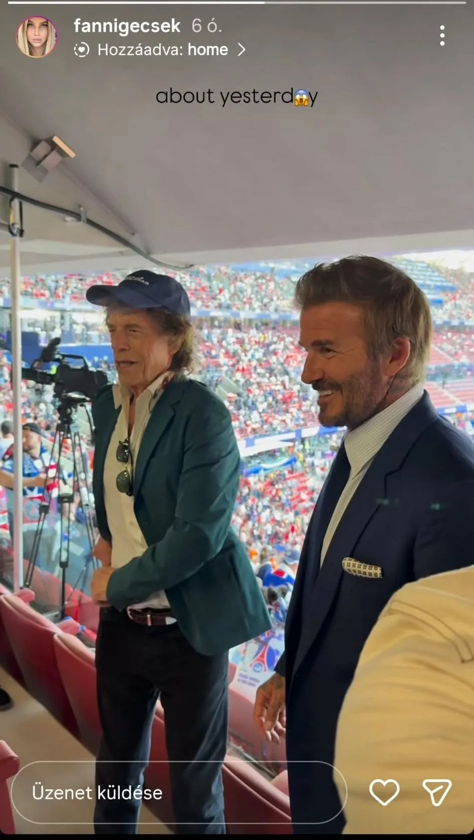 Mick Jagger és David Beckham a budapesti BL-döntőn fotózkodott.