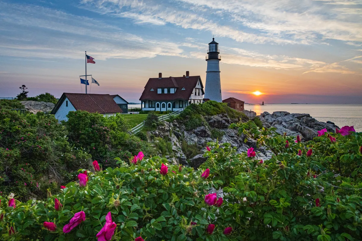 A Portland Head Light világítótorony naplemente idején (USSA).
