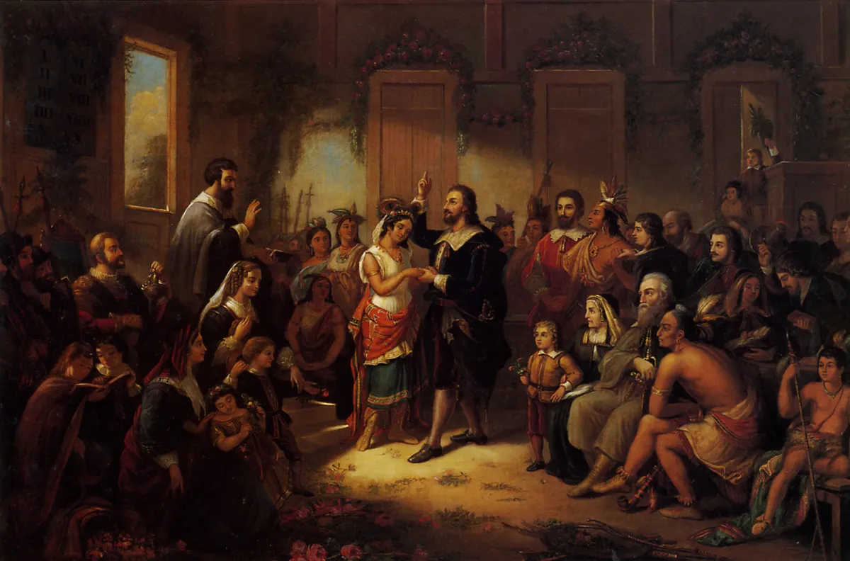 Pocahontas és John Rolfe házassága egy festményen. 