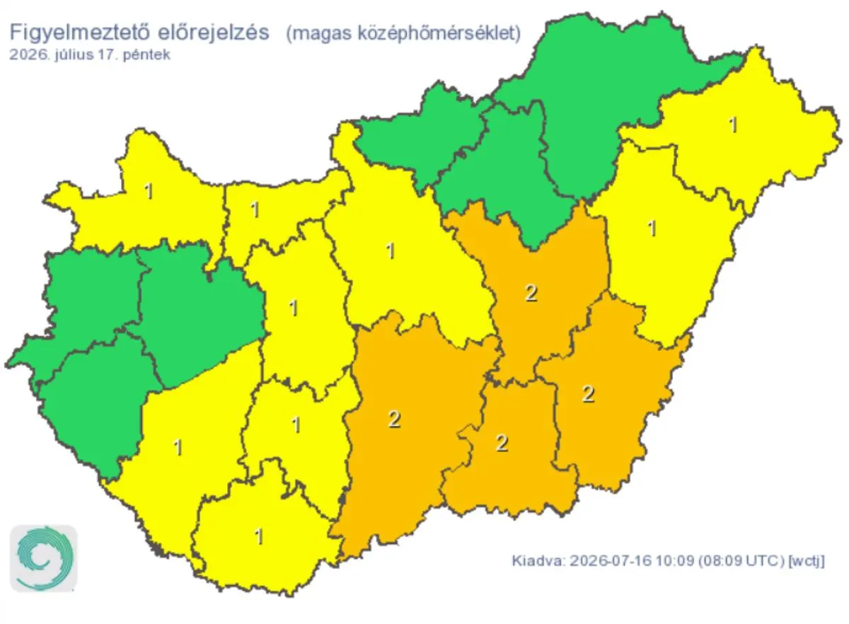 13 vármegyére adtak ki figyelmeztetést magas középhőmérséklet miatt. Ilyen időjárásra számíthatunk egész pénteken