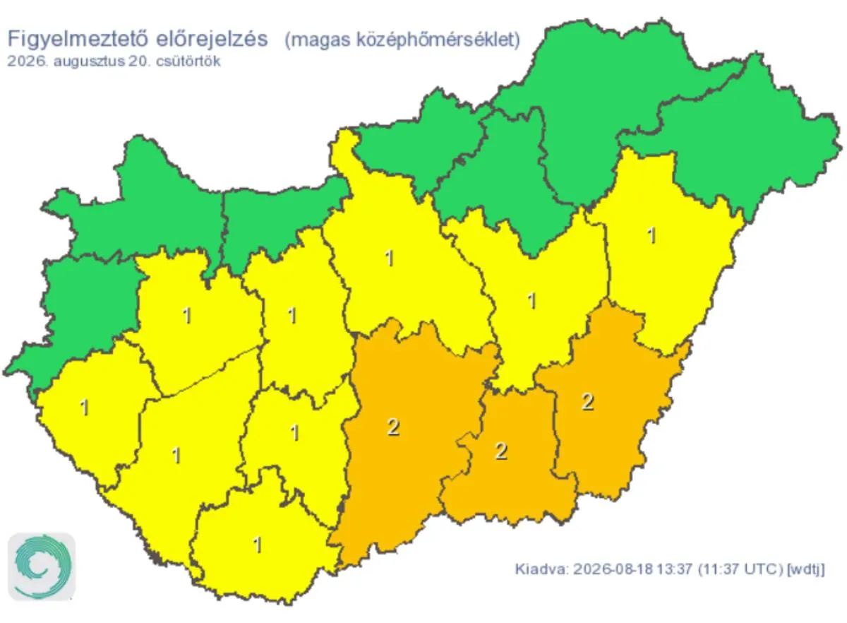 Szinte az egész országra figyelmeztetést adtak ki csütörtökre a meleg miatt