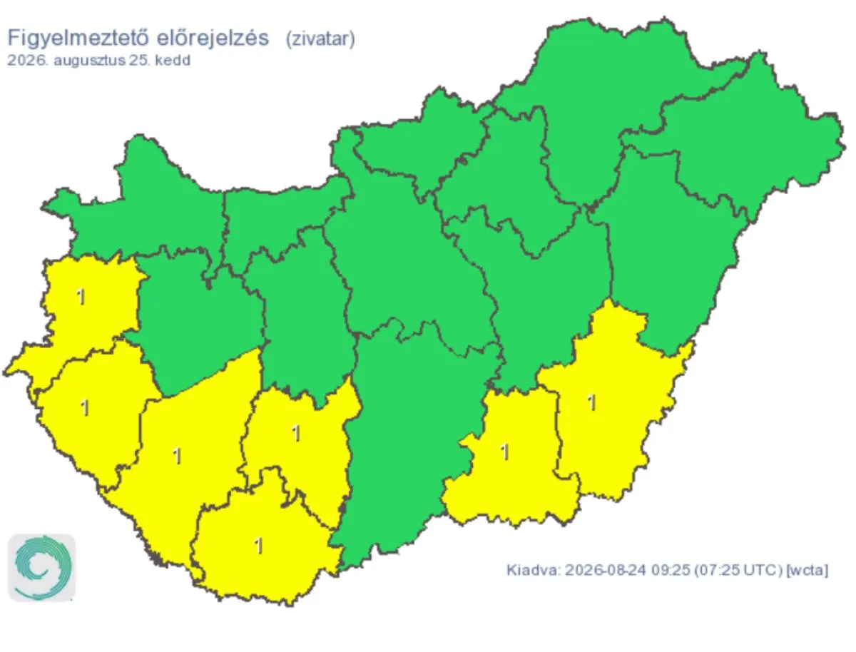 Hét vármegyére is figyelmeztetést adott ki a HungaroMet a zivataros időjárás miatt