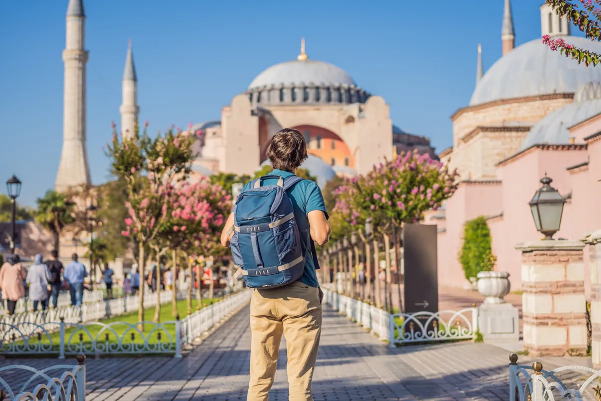 Man,Enjoy,Beautiful,View,On,Hagia,Sophia,Cathedral,,Famous,Islamic