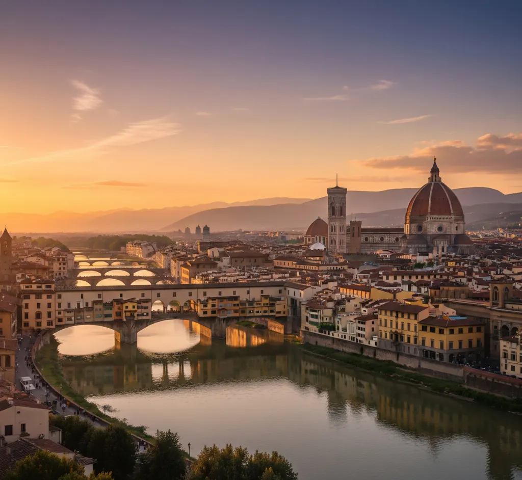 Az Arno folyó által kettészelt Firenze, előterében a Ponte Vecchio híddal. 